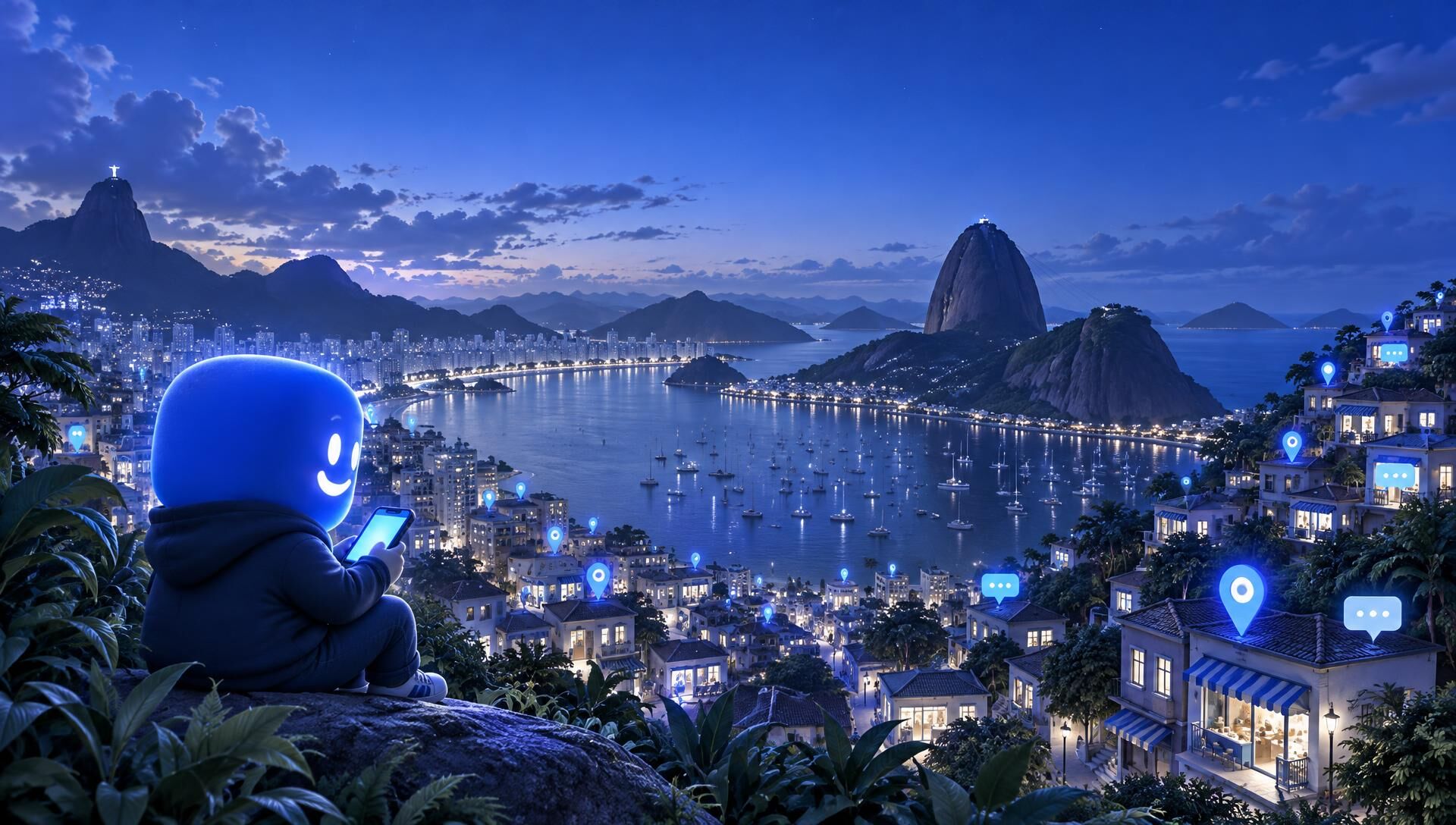 Ilustração: o mascote da JSMO observa uma cidade litorânea à noite, com lojas sinalizadas por marcadores e balões de conversa azuis